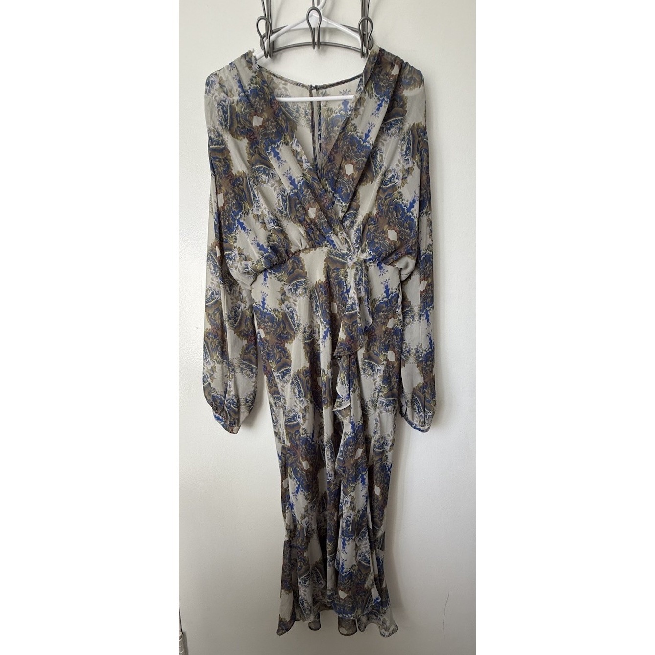 Floral Wrap Maxi Dress In Beige And Blue